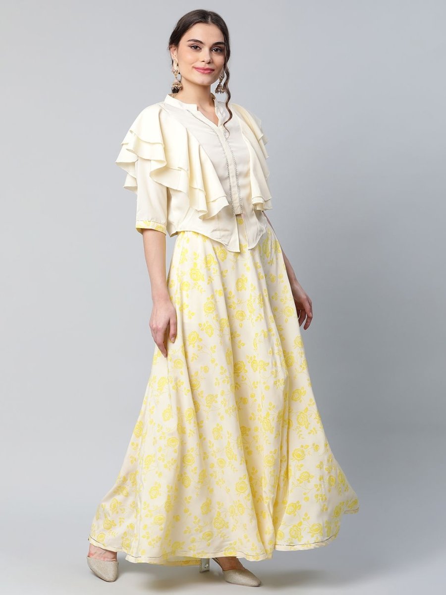 Ahalyaa Women Crepe Cream Solid Top with Printed Skirt with Ruffle Details