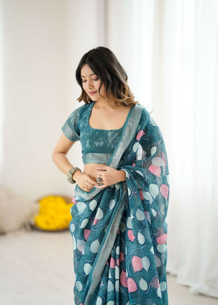 PR Fashion Morpich Linen Patta Printed Saree