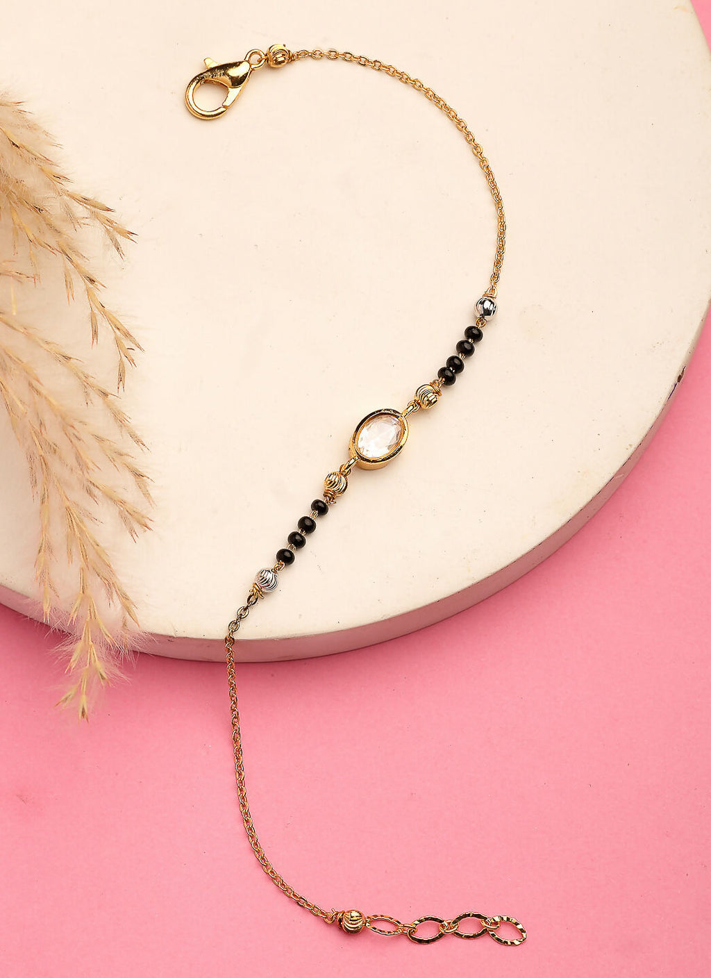 NVR Women Gold-Polished & Black Brass Stone-Studded Hand Mangalsutra Link Bracelet