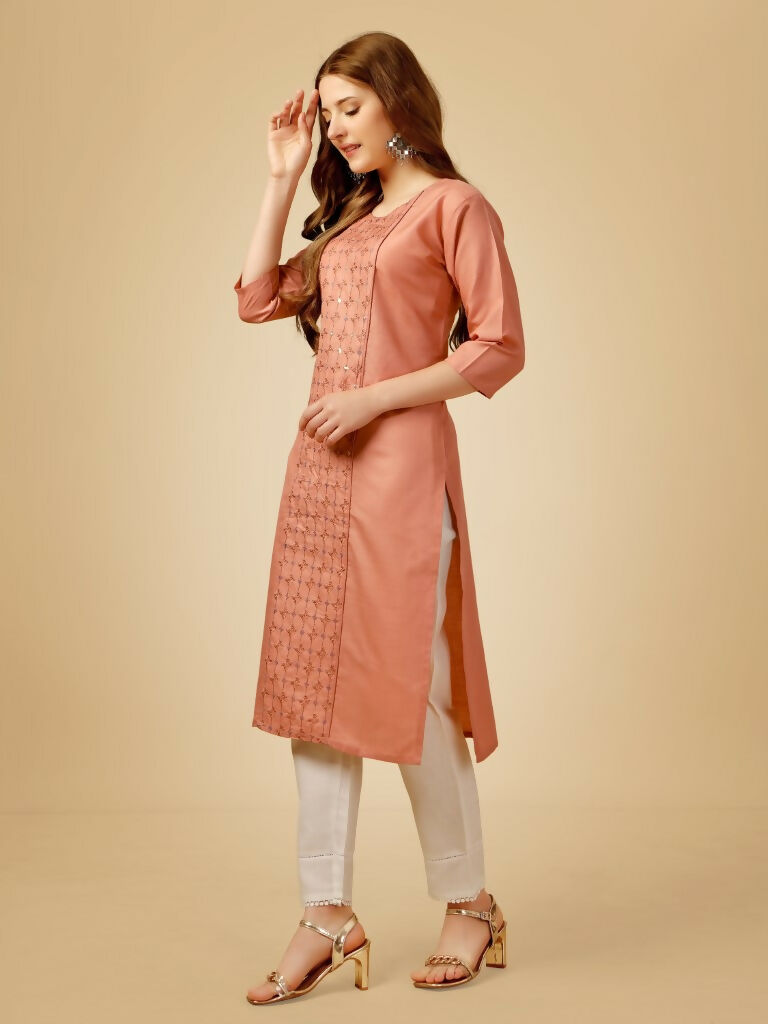 Jyoti Fashion Women's Gajri Cotton Blend Embroidered Kurta Pant Set