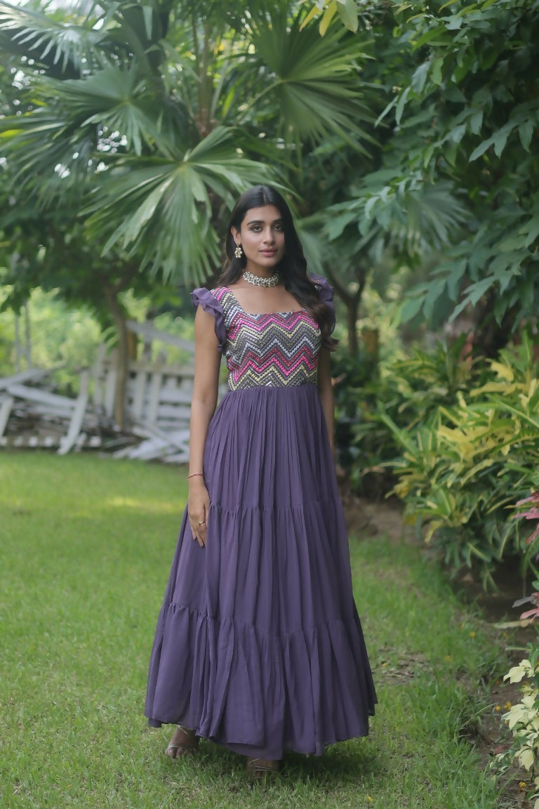 Jyoti Fashion Women's Wine Sequins Thread Embroidery Faux Georgette Anarkali Dress