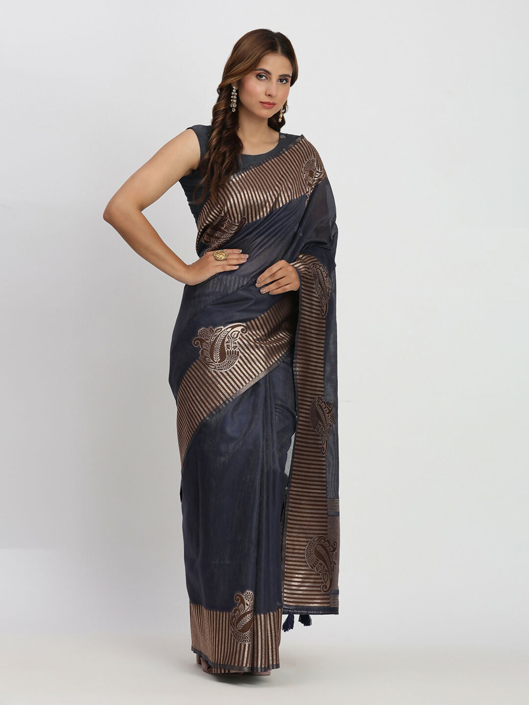 Shree Shyam Fashion Linen Cotton Navy Blue Saree