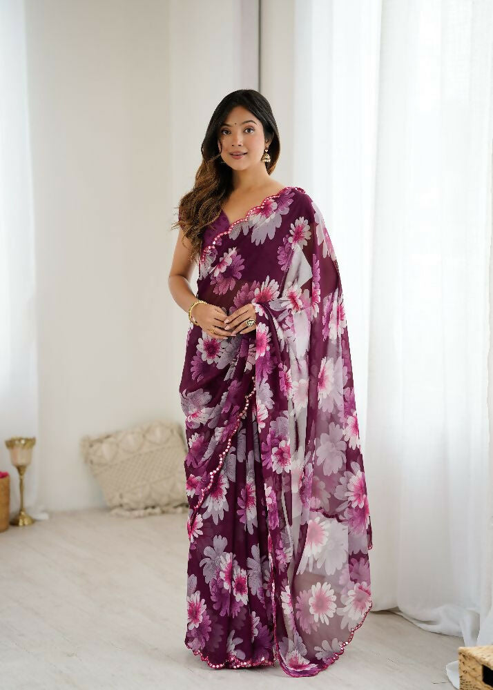 PR Fashion Purple Georgette Printed With Mirror Work Saree