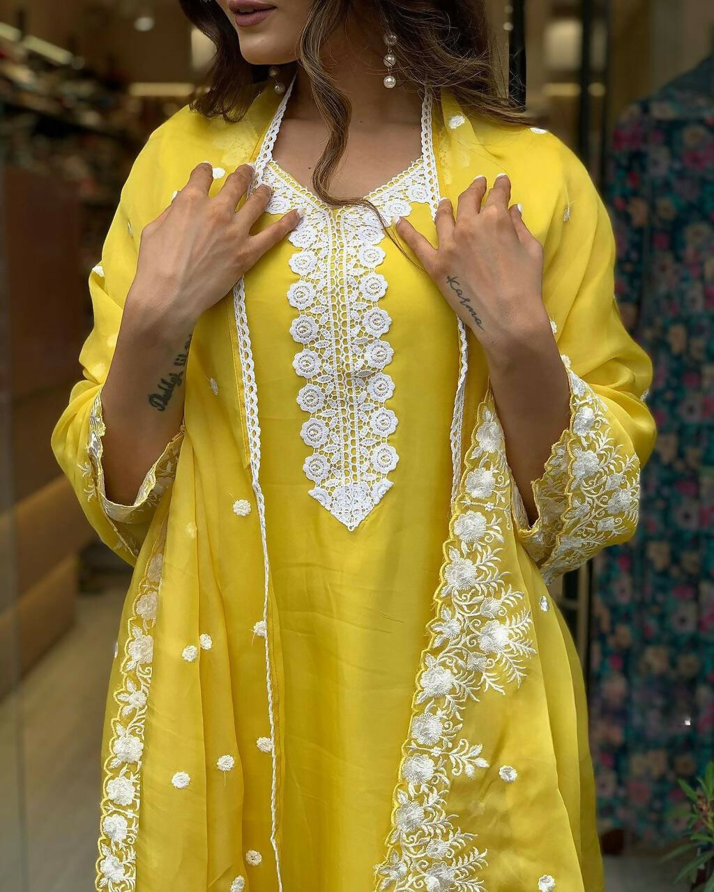 The52 Yellow Women's Gorgeous Embroidered Georgette Fabric Straight Kurta Pant with Dupatta Set