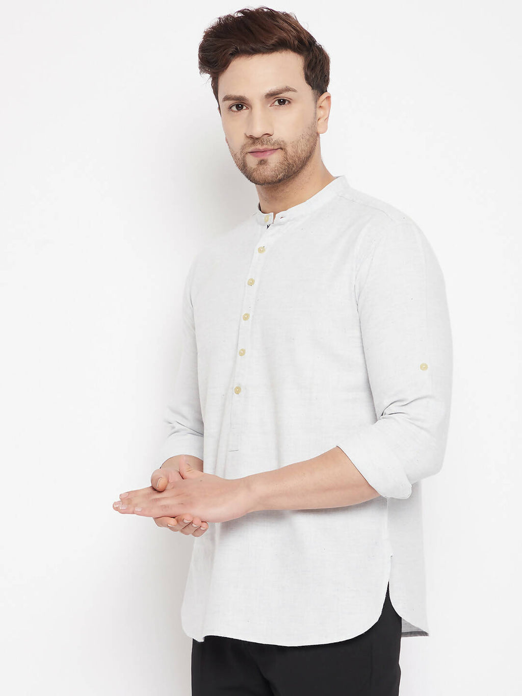 Even Apparels Cream Acrylic Short Men's Kurta With Band Collar