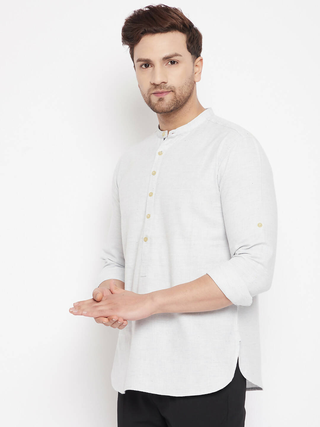 Even Apparels Cream Acrylic Short Men's Kurta With Band Collar
