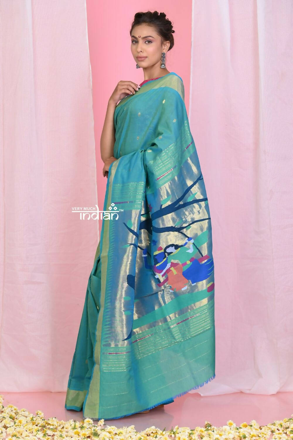 Very Much Indian Handloom Pure Cotton Paithani -Turquoise Blue