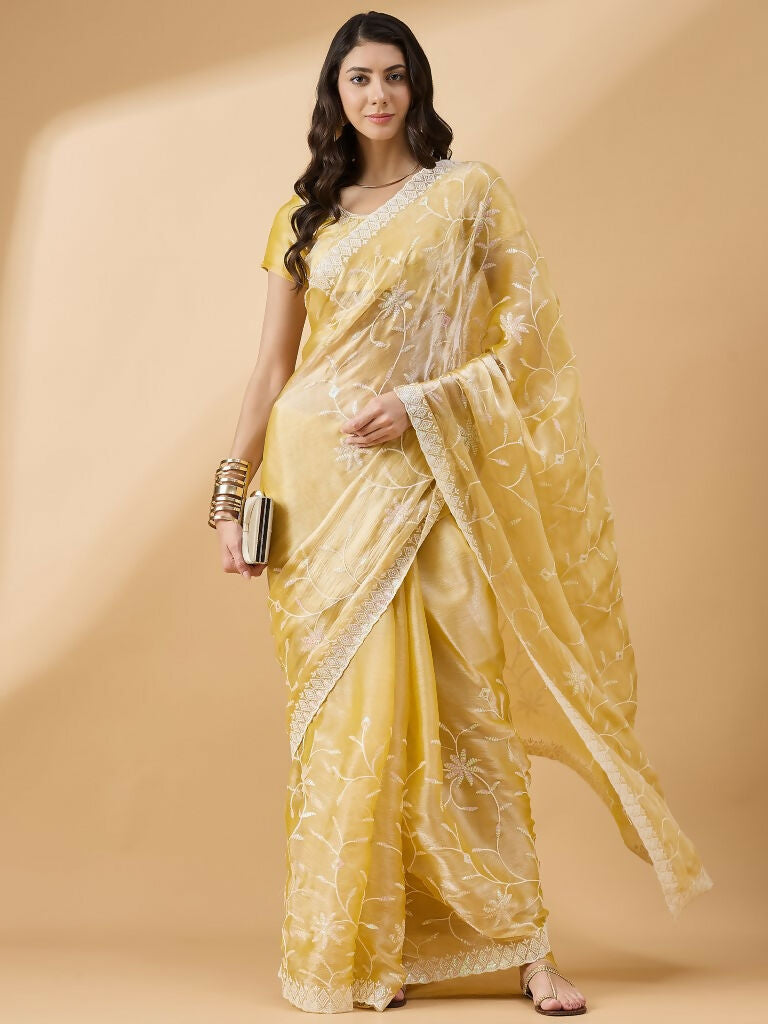 Yellow Tissue Slub Embroidered Saree with Unstitched Blouse - Vairagi