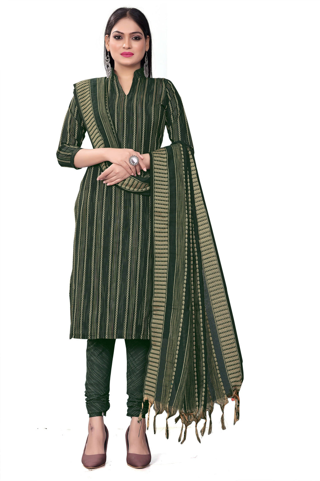 Green Cotton Jacquard Woven Unstitched Dress Material - Tanvi