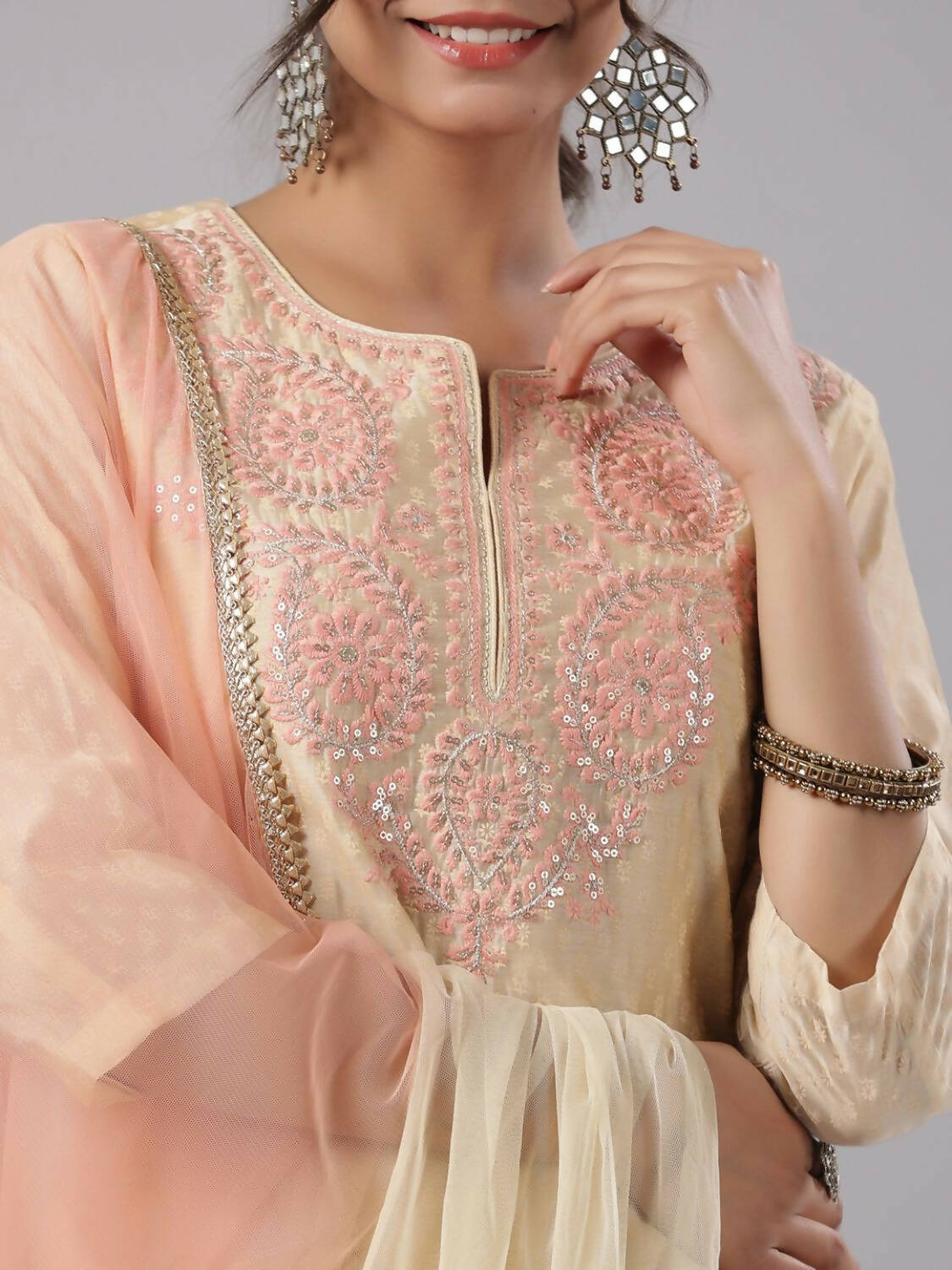 Juniper Women Gold Modal Chanderi Embroidered Kurta, Pants and Dupatta Set