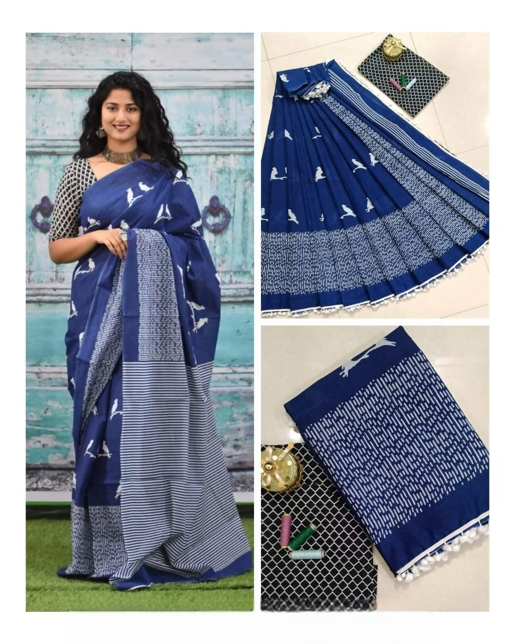 Exclusive Collection Blue Red Beautiful Mulmul Cotton Saree
