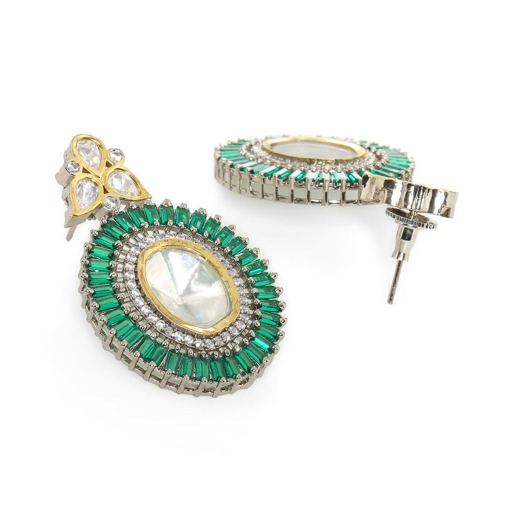 Kundan and Diamond with Green Stones Dangler Earrings (Green) - Ruby Raang