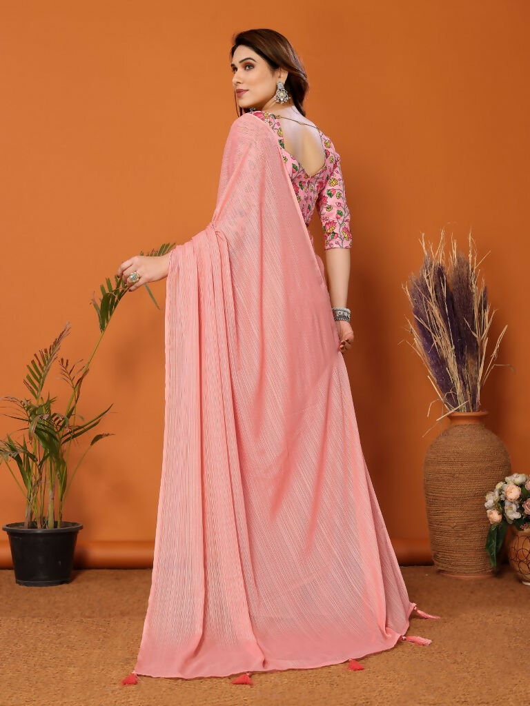 Partywear Designer Peach Polyester Zari Fancy Saree - Starwalk