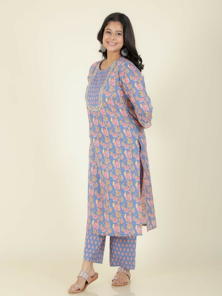 Aramya Straight Soft Cotton Floral Print Women's Kurta Set - Blue