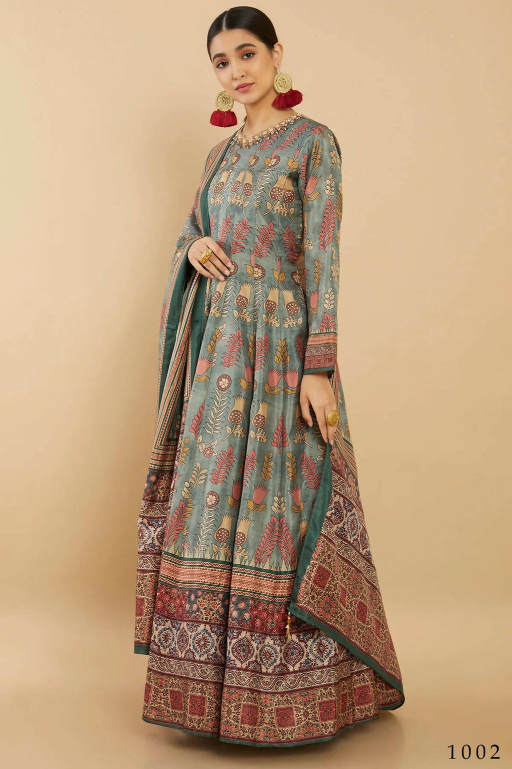 Women's Partywear Designer Green Soft Dola Silk Anarkali suit with Dupatta - Kalishta