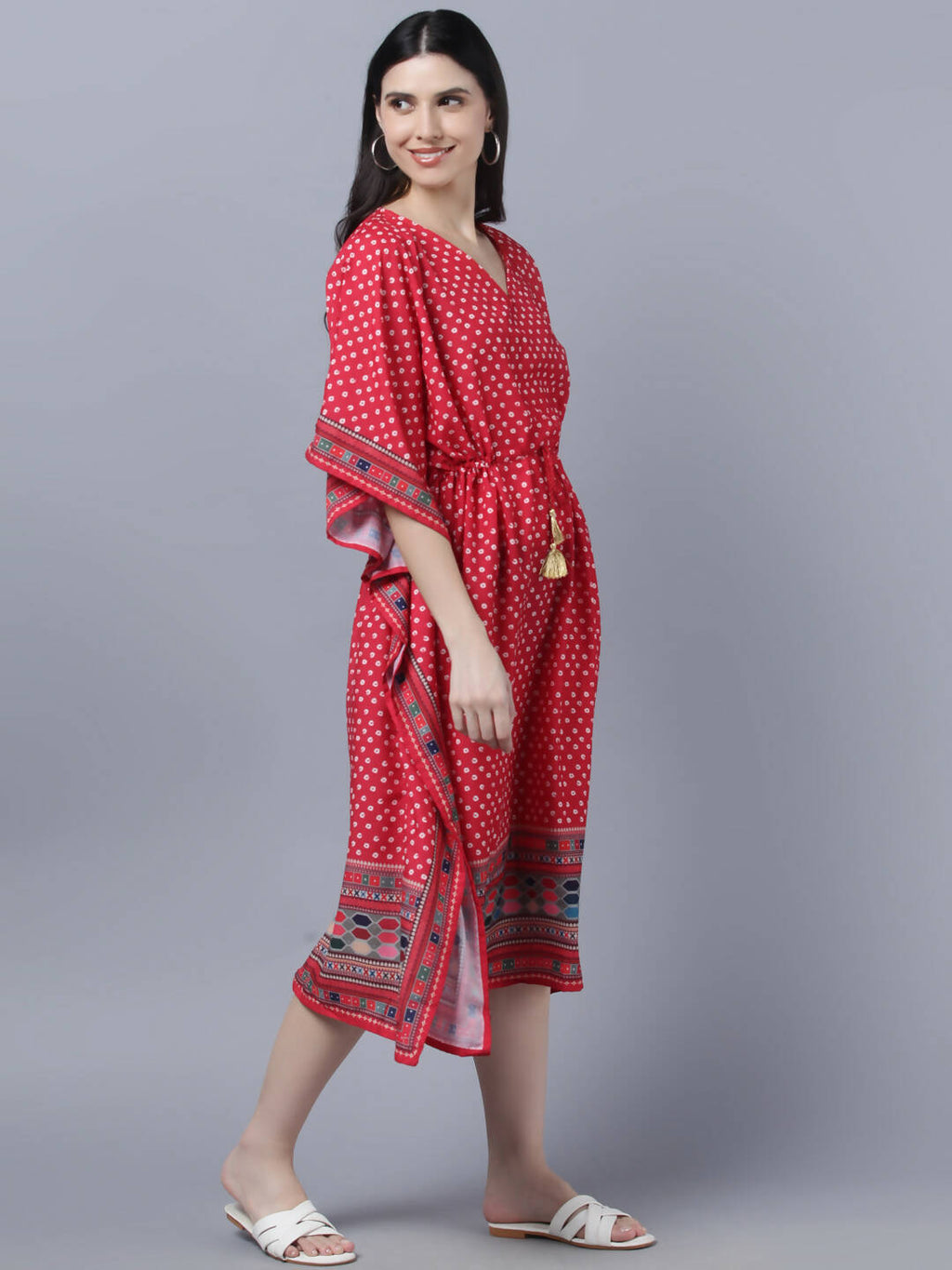 Myshka Women's Red White Ethnic Motifs Printed Kaftan Midi Dress
