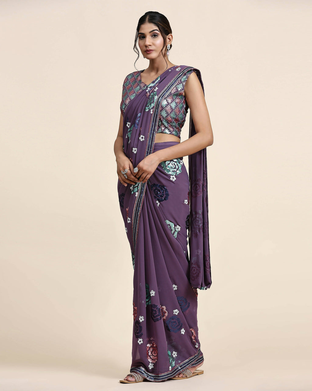 Purple Pure Georgette Sequence work Ready to wear Saree with stitched Blouse - Nirvana