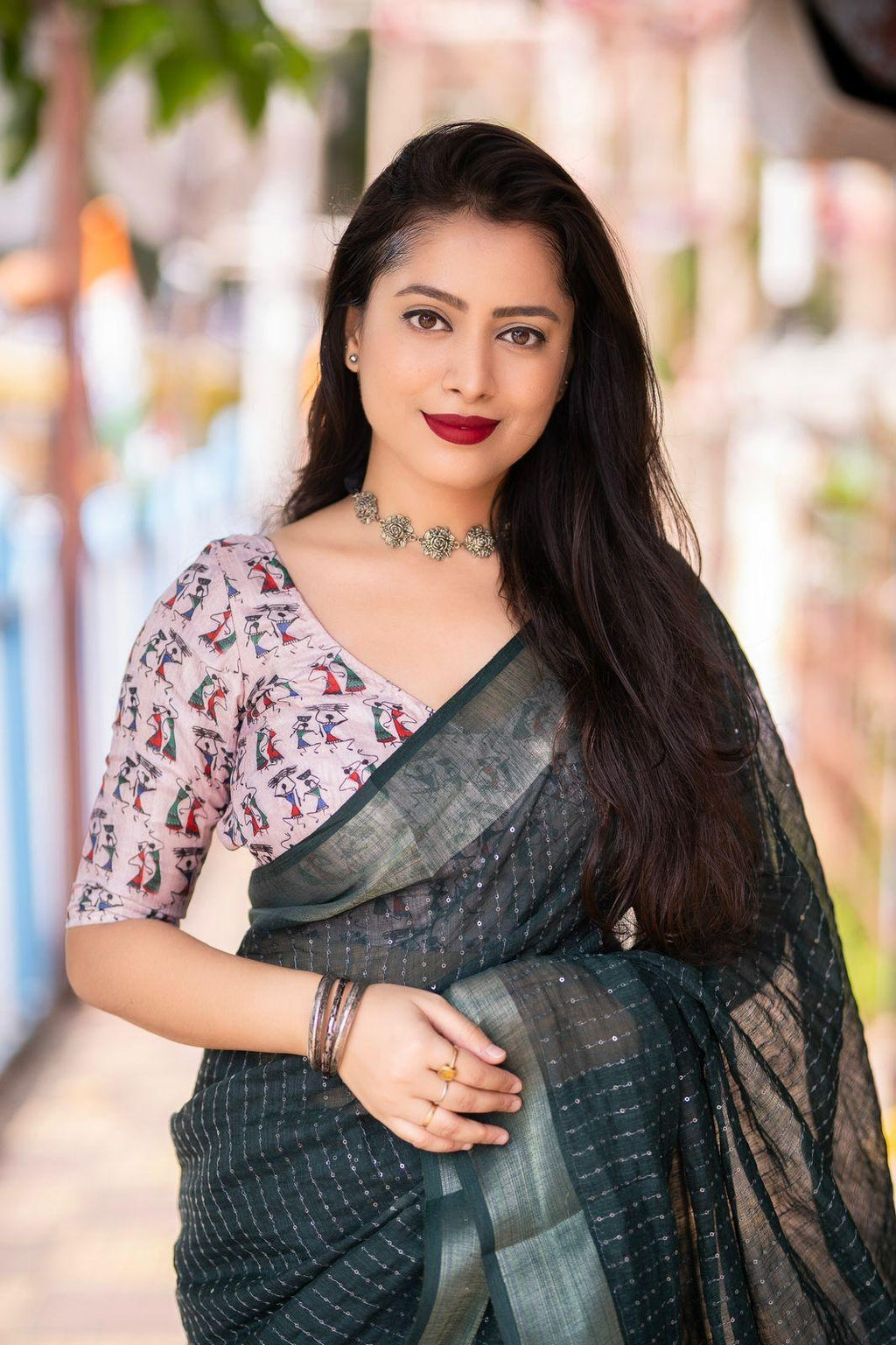 Green Linen Sequence Saree with Unstitched Blouse - Hiral Fashion