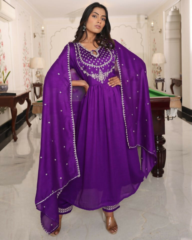 Jyoti Fashion Women's Purple Soft Silk Embroidered Designer Kurta Set
