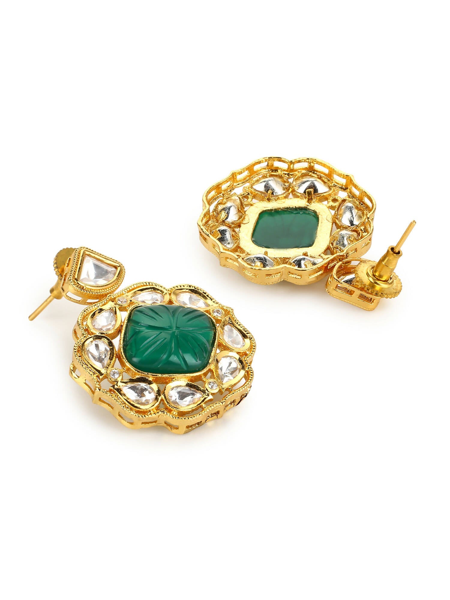 Green Gold-Polished Kundan Studs Earrings - Ruby Raang
