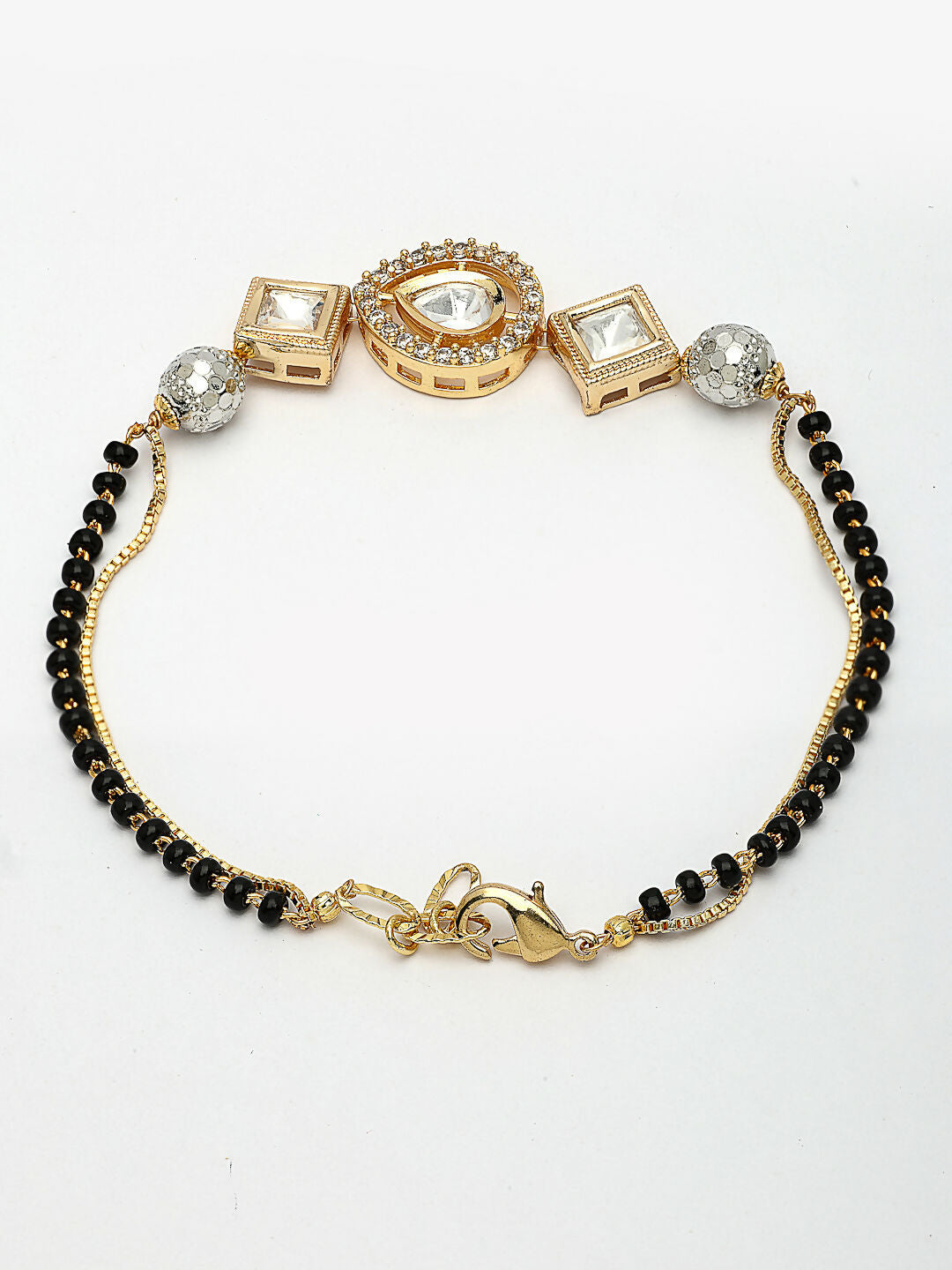 NVR Women Gold-Polished & Black Brass AD-Studded Hand Mangalsutra Link Bracelet
