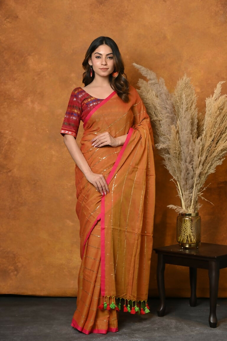 Very Much Indian Designer Mul Cotton Handloom Saree with Sequins - Orange
