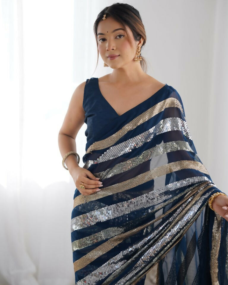 Petrol Georgette Sequance Embroidery Work Border Saree - Sitare