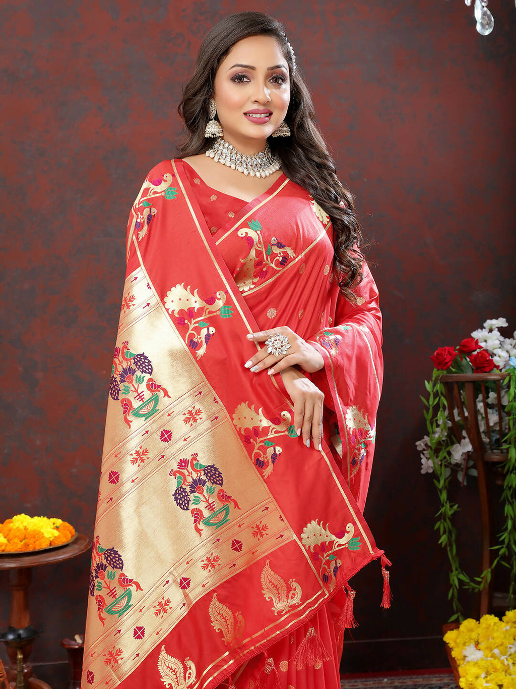 Lorenvalley Fashion Red Soft Paithani Silk Woven Design Gold Zari Meenakari Weaving Saree