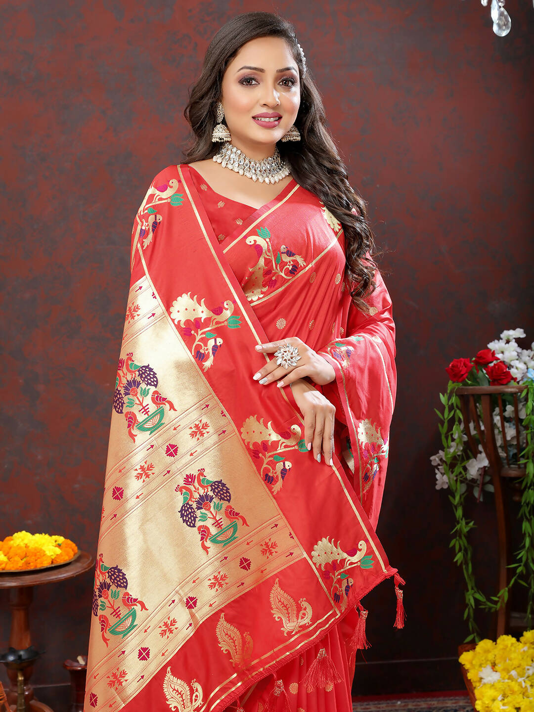 Lorenvalley Fashion Red Soft Paithani Silk Woven Design Gold Zari Meenakari Weaving Saree