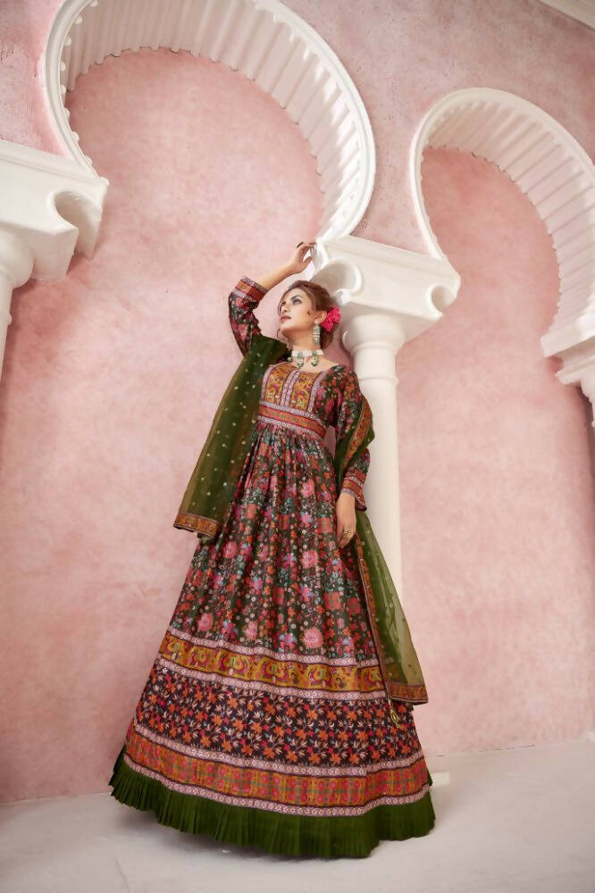 Everywhere Designer Mahendi Dola Silk Gown With Dupatta - Anbazaar