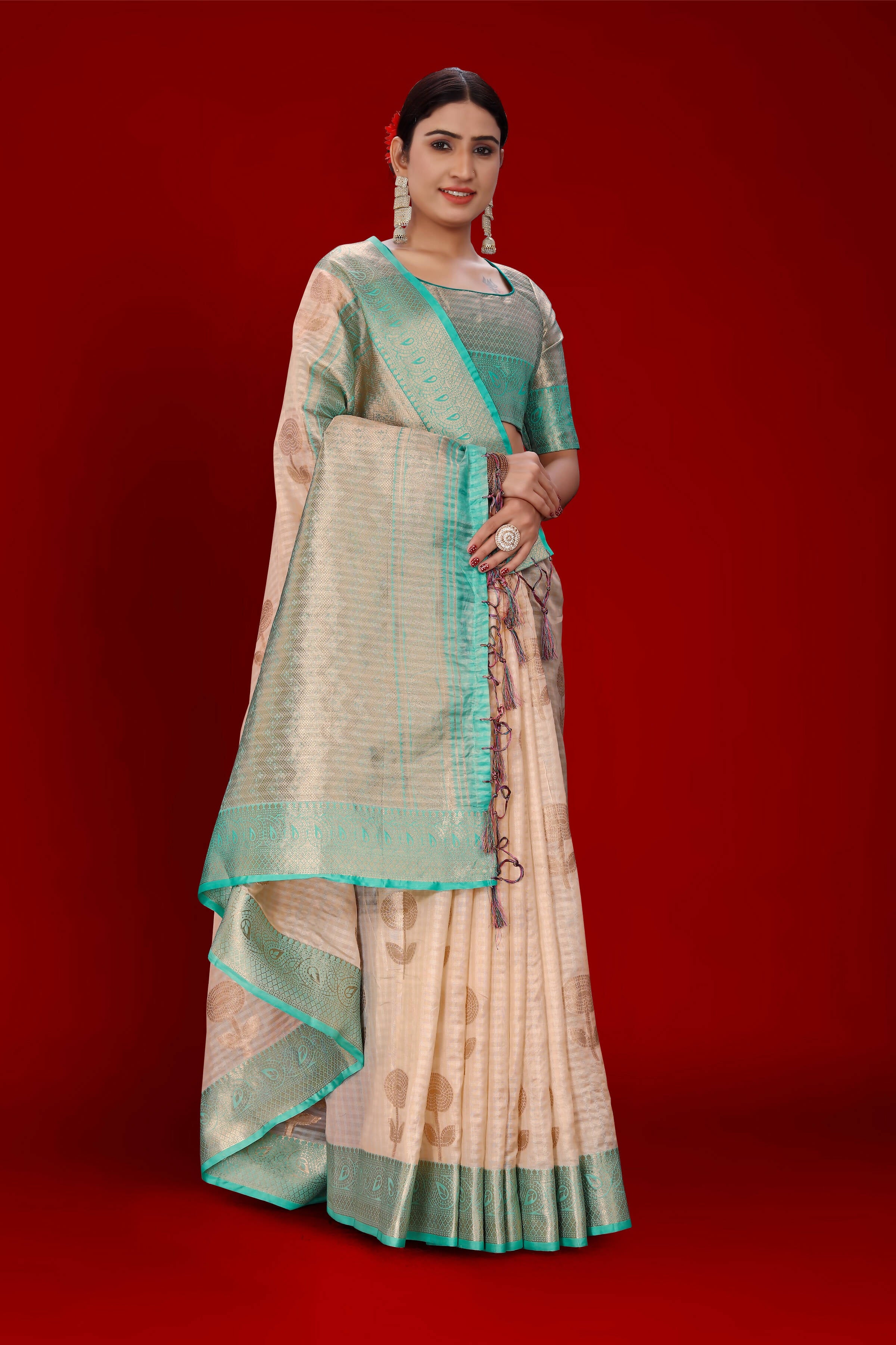 Peach Soft Organza Woven Design Saree With Unstitched Blouse Piece - Zaara