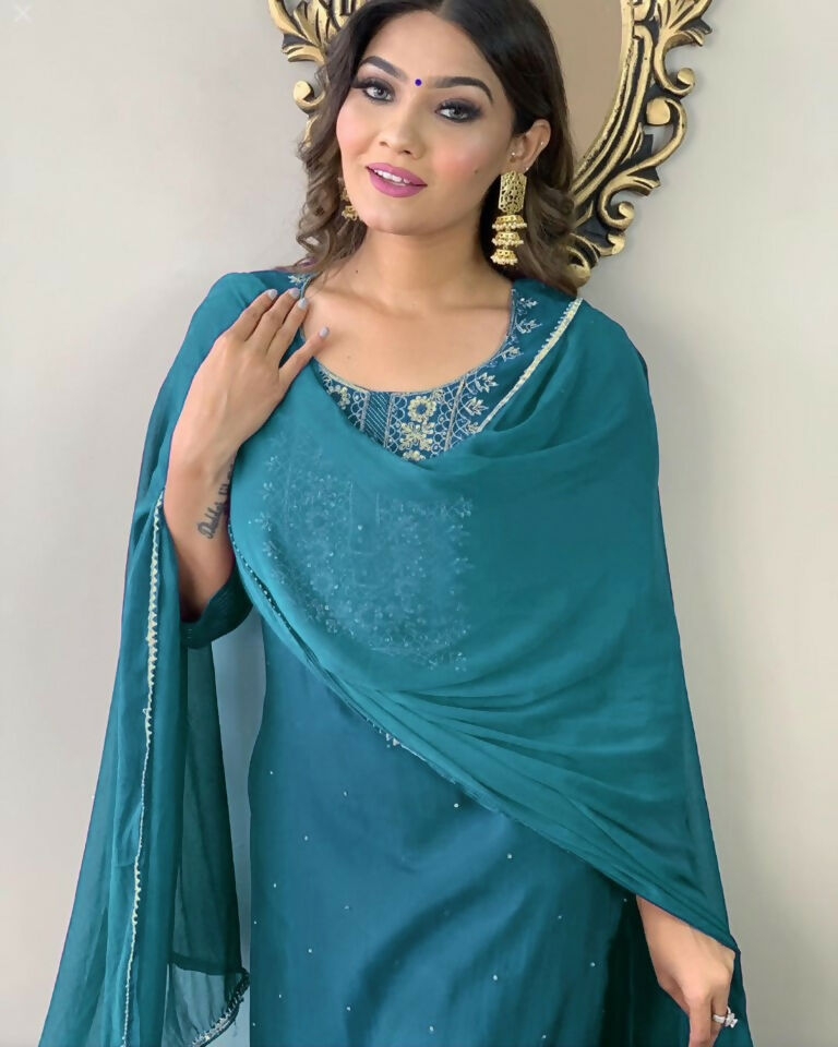 Partywear Designer Firozy Rayon Slub Stitched Suit With Dupatta - Tanisha