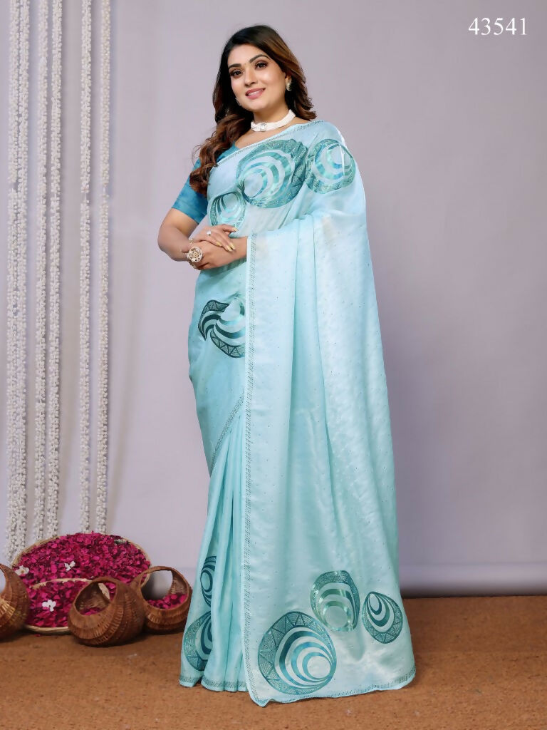 Sky Blue Organza Crepe Printed Stone Work Saree - Norita Saumya