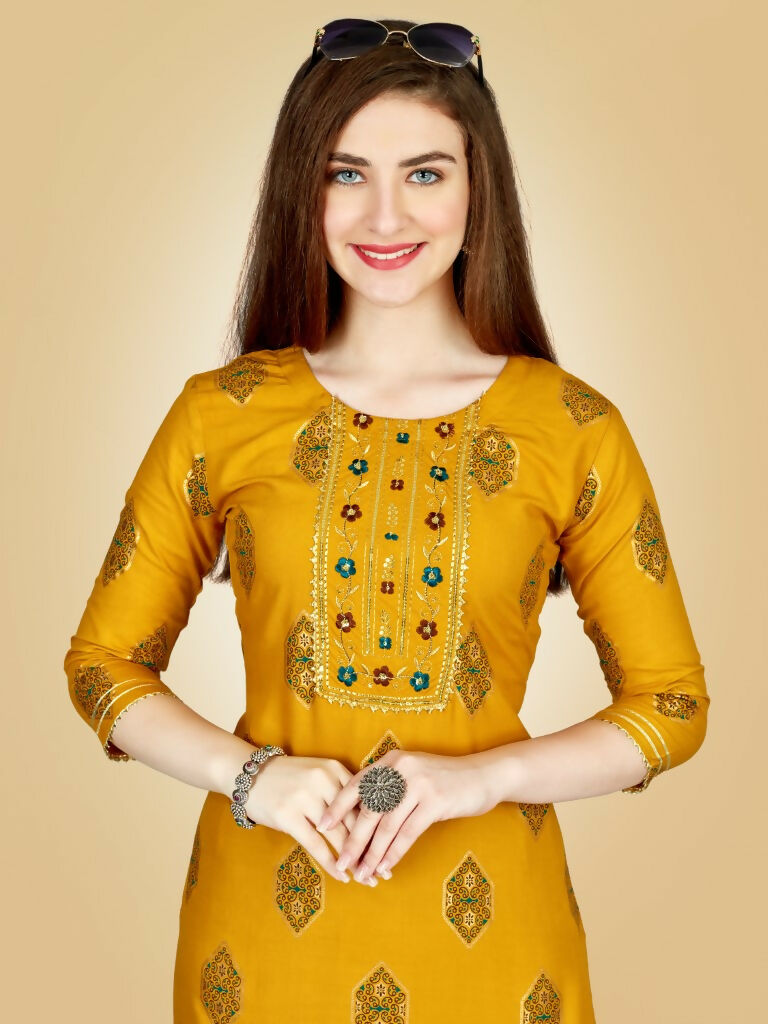 Jyoti Fashion Women's Yellow Viscose Rayon Embroidered Kurta Pant Set