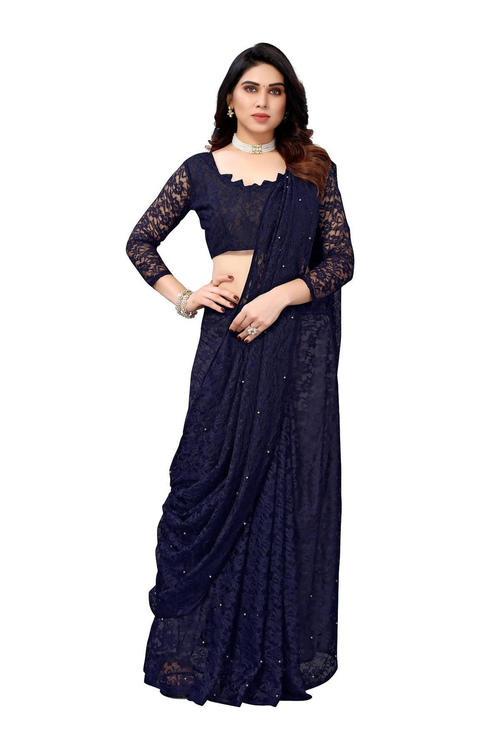 Vamika Ethnic Fire Navy Pearls Net Saree