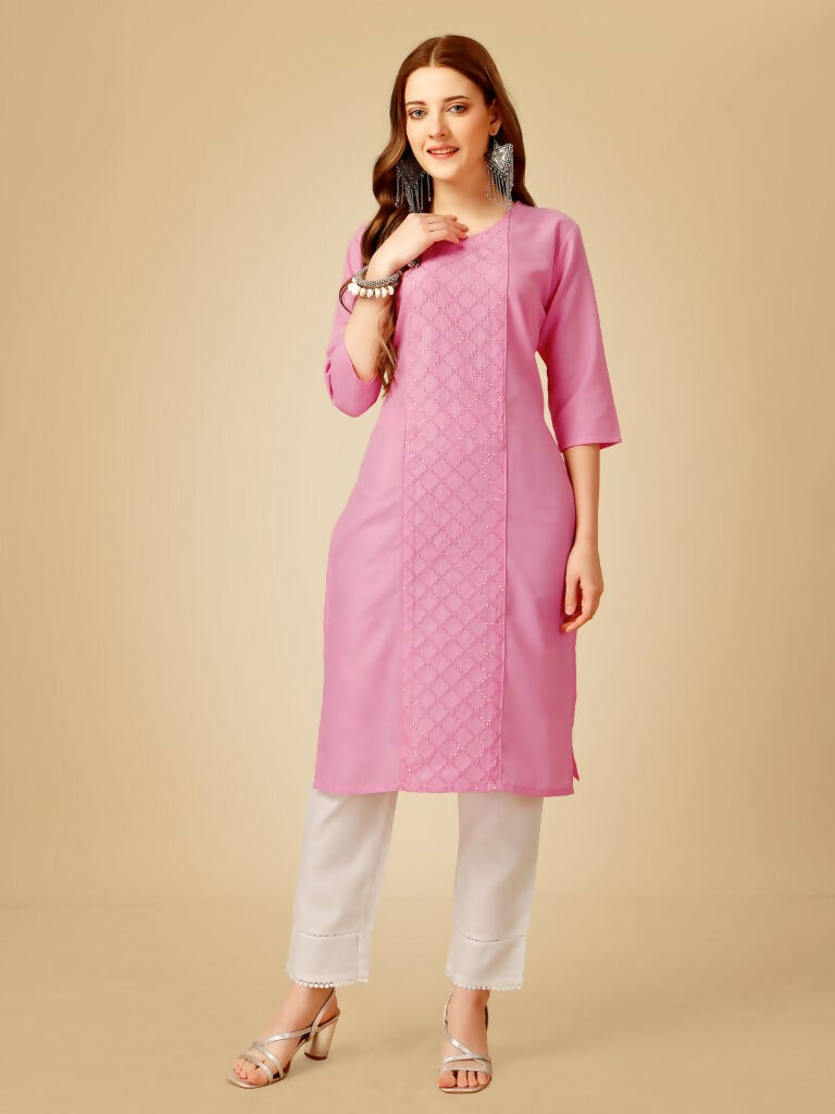Jyoti Fashion Women's Pink Cotton Blend Embroidered Kurta Pant Set