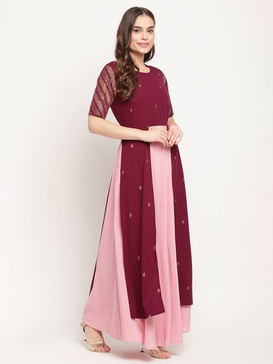 Ahalyaa Women Wine Crepe Glitter Print Dress