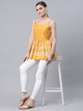 Ahalyaa Women Mustard Pure Cotton Porcian Print Shoulder Straps Tunic