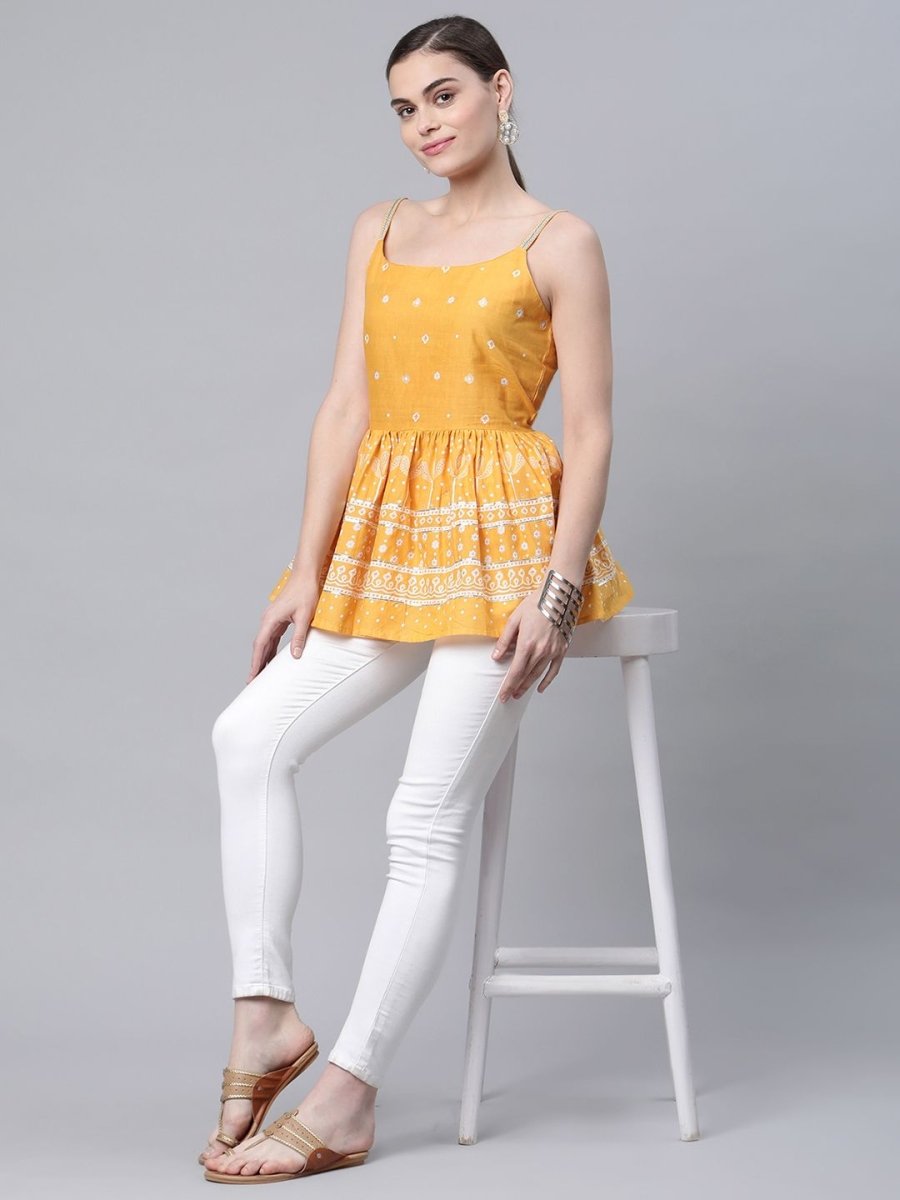 Ahalyaa Women Mustard Pure Cotton Porcian Print Shoulder Straps Tunic