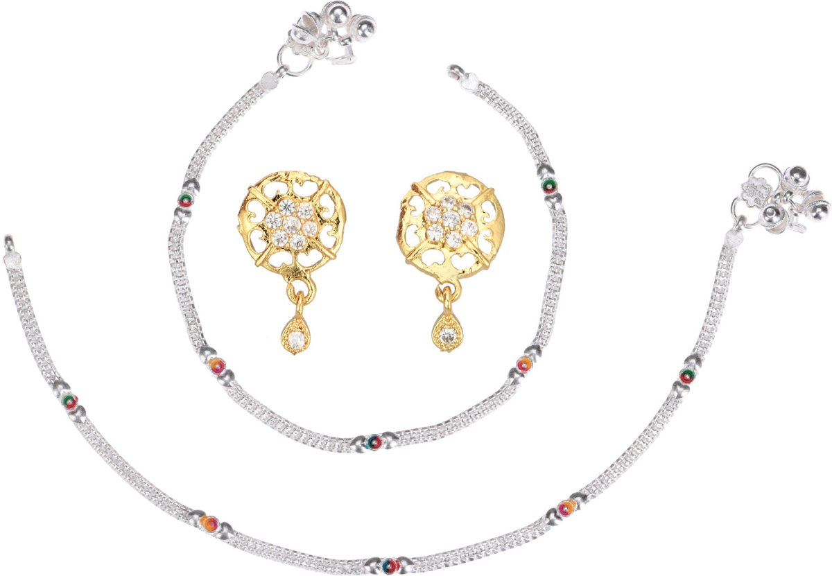 AanyaCentric Stylish Silver Plated Anklet & Gold-Polished American Diamond Earring Combo for Girls & Women