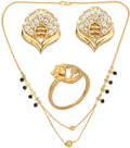 AanyaCentric Gold-Polished Jewelry Combo: Elegant Short Mangalsutra, Finger Ring, and American Diamond Earrings Set