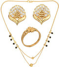 AanyaCentric Gold-Polished Jewelry Combo: Elegant Short Mangalsutra, Finger Ring, and American Diamond Earrings Set