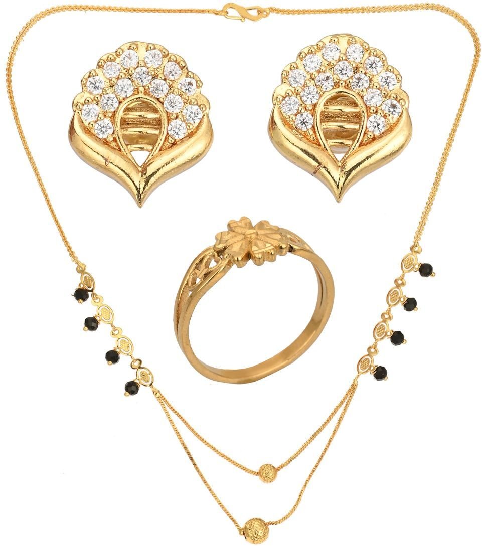 AanyaCentric Gold-Polished Jewelry Combo: Elegant Short Mangalsutra, Finger Ring, and American Diamond Earrings Set