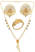 AanyaCentric Gold-Polished Jewelry Combo: Elegant Short Mangalsutra, Finger Ring, and American Diamond Earrings Set
