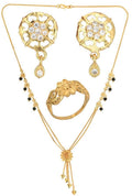 AanyaCentric Gold-Polished Jewelry Combo: Elegant Short Mangalsutra, Finger Ring, and American Diamond Earrings Set
