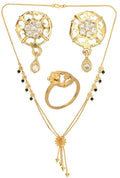AanyaCentric Gold-Polished Jewelry Combo: Elegant Short Mangalsutra, Finger Ring, and American Diamond Earrings Set
