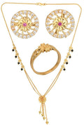 AanyaCentric Gold-Polished Jewelry Combo: Elegant Short Mangalsutra, Finger Ring, and American Diamond Earrings Set