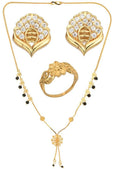 AanyaCentric Gold-Polished Jewelry Combo: Elegant Short Mangalsutra, Finger Ring, and American Diamond Earrings Set