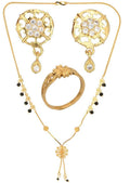 AanyaCentric Gold-Polished Jewelry Combo: Elegant Short Mangalsutra, Finger Ring, and American Diamond Earrings Set