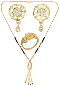 AanyaCentric Gold-Polished Jewelry Combo: Elegant Short Mangalsutra, Finger Ring, and American Diamond Earrings Set